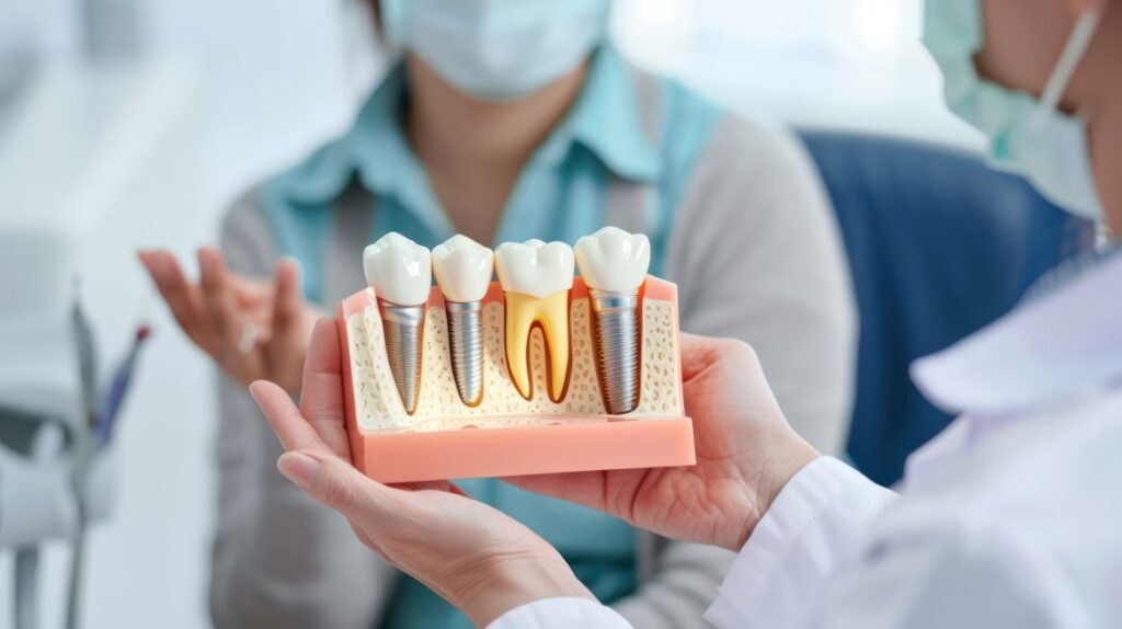 A dentist holding up a dental implant model for a patient